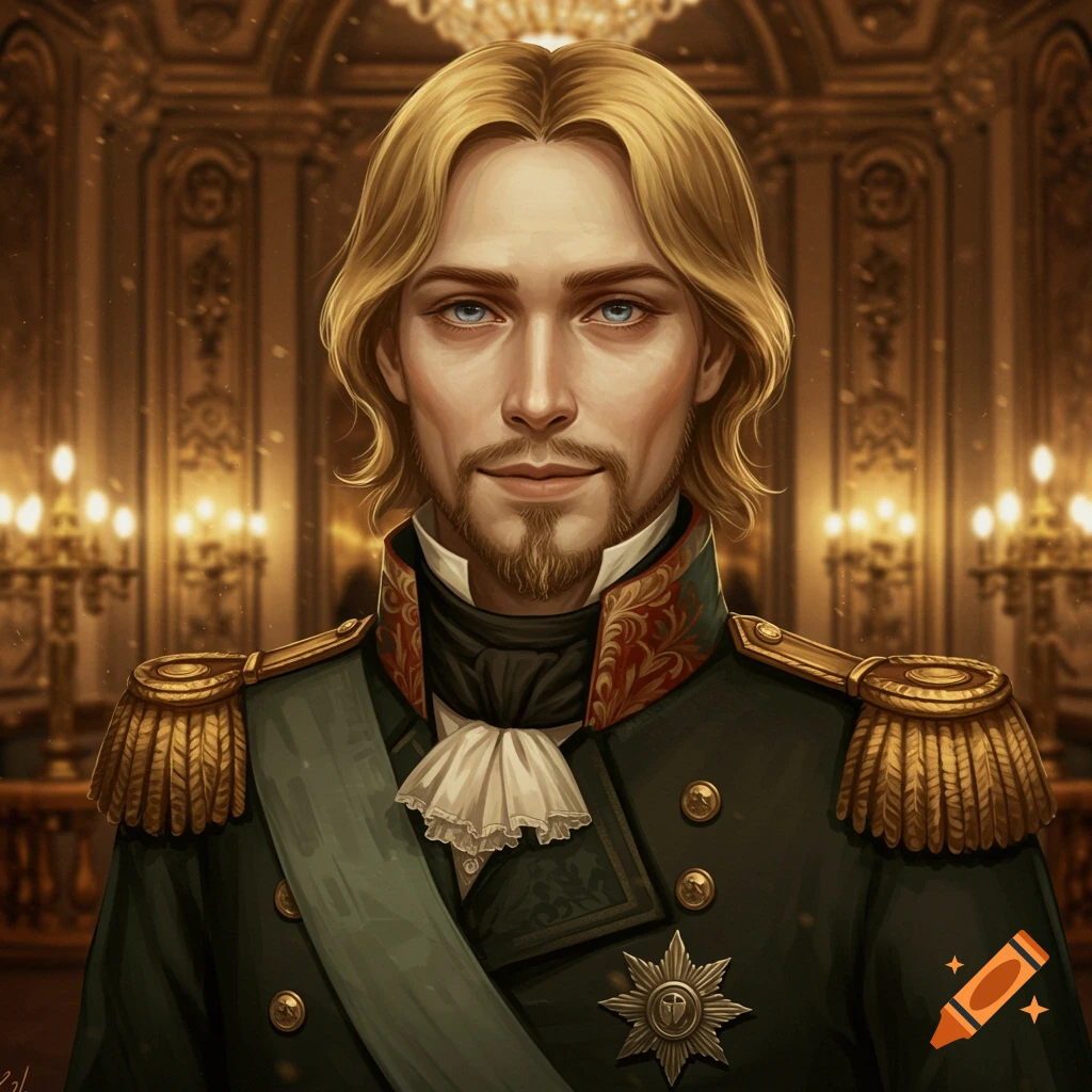 A portrait of a blond man with a goatee in a 19th-century military uniform standing in an ornate golden room.