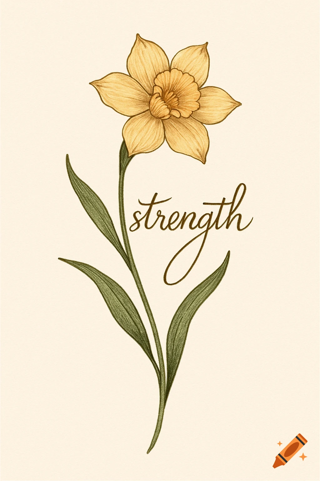 Illustrated yellow daffodil with green stem and leaves, featuring the word 'strength' in cursive script along the stem.