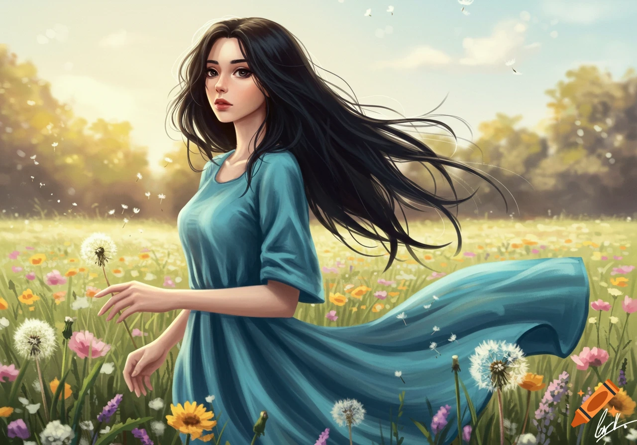 A young woman with long dark hair and a teal dress stands in a field of wildflowers, holding a dandelion, in a digital painting.