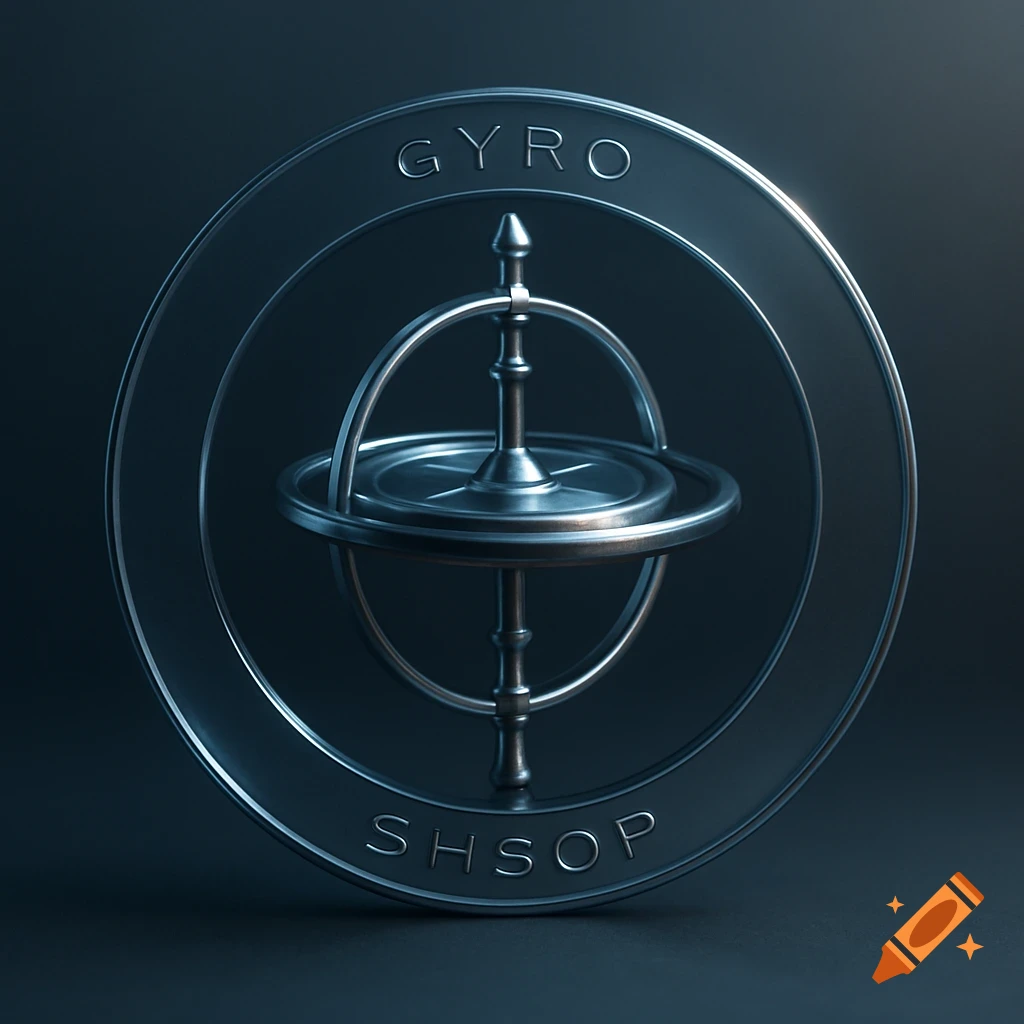 A detailed 3D render of a metallic gyroscope inside a circular frame with the text 'GYRO' and 'SHSOP'.