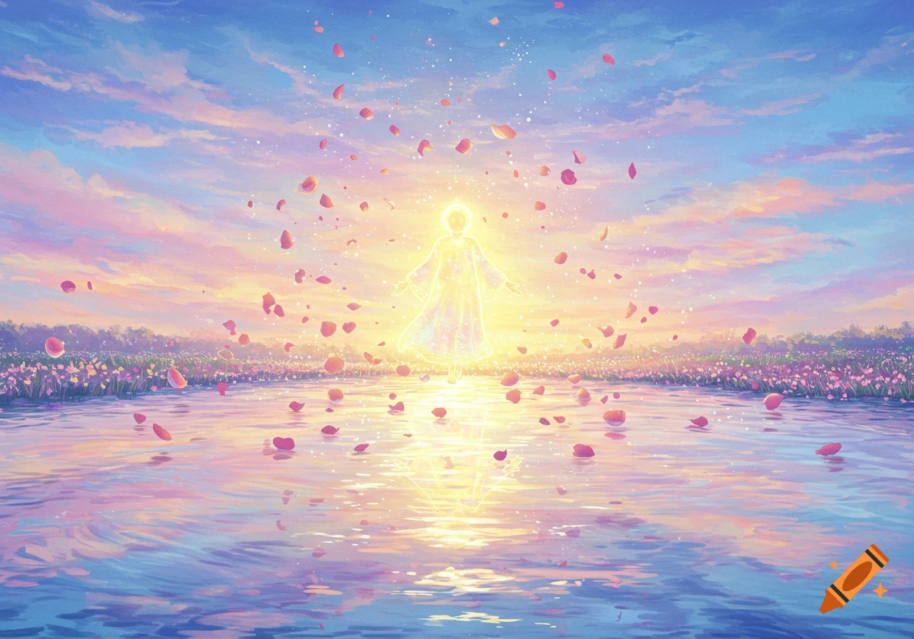 A radiant, ethereal figure hovers above calm water under a vibrant pink and blue sunset sky, surrounded by falling rose petals.