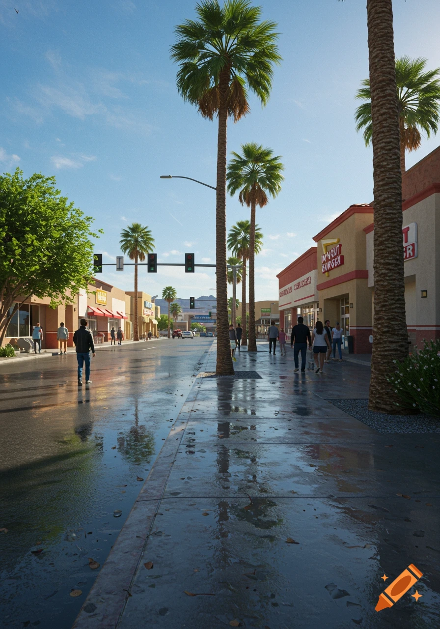 A photorealistic street scene with palm trees lining a wet road and sidewalk, with pedestrians and cars, under a clear blue sky. An In-N-Out Burger restaurant is visible on the right.