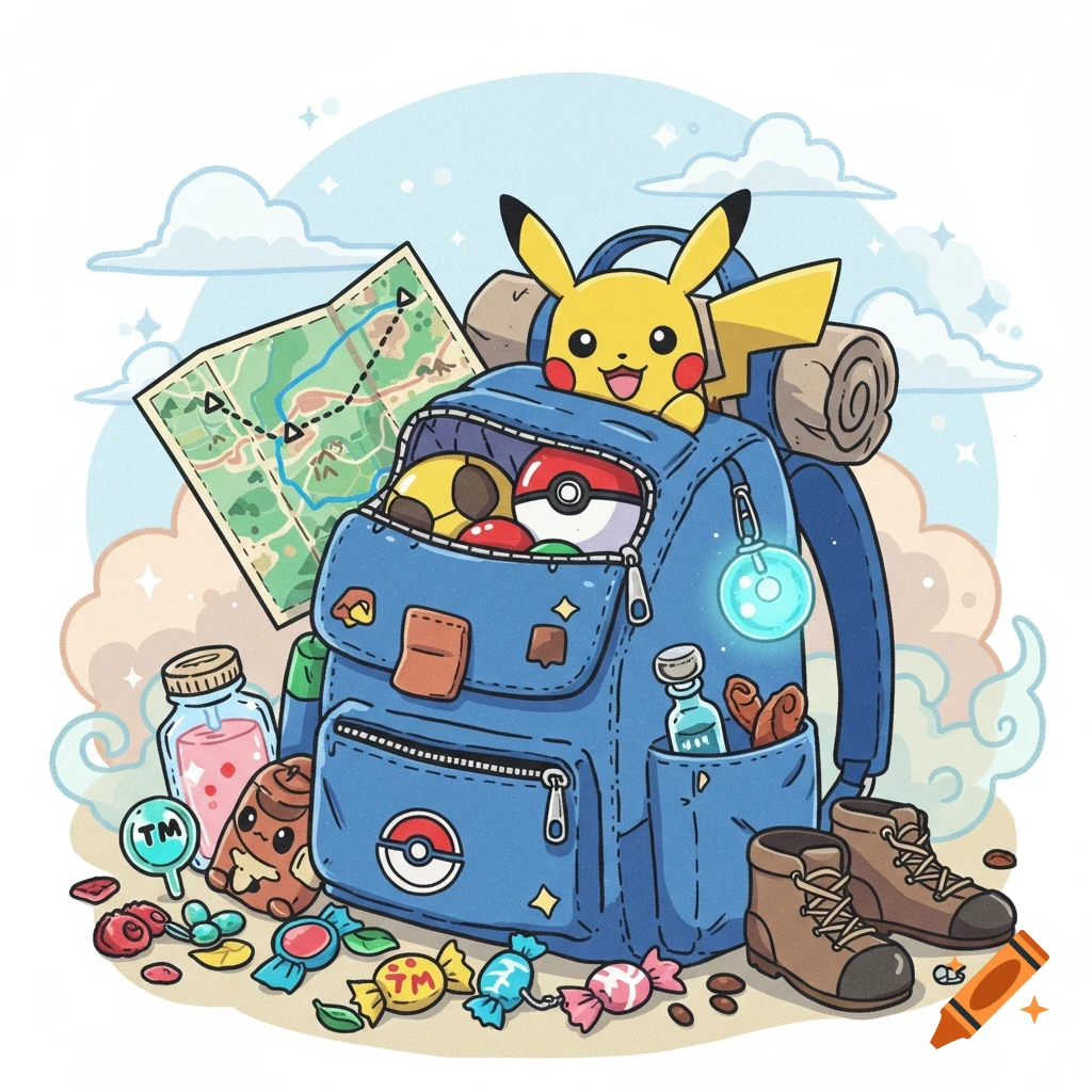 A colorful clipart illustration of a blue backpack overflowing with Pokemon items including Pikachu, a Poke Ball, a map, and hiking boots, with candies scattered around.