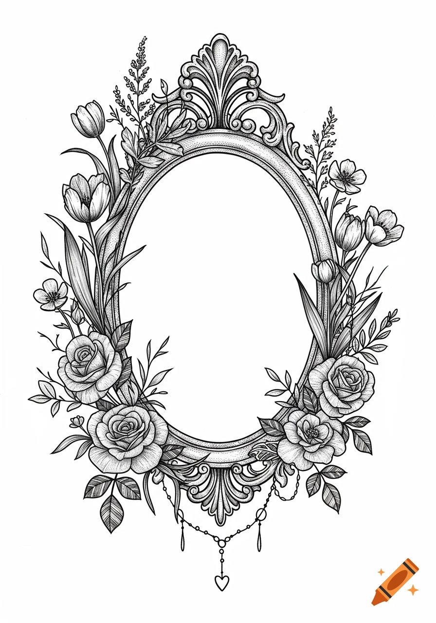 Black and white line art illustration of an ornate oval frame surrounded by detailed roses, tulips, and other botanical elements with a dangling heart.
