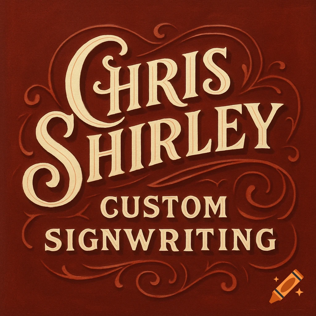 Elegant ivory and red vintage-style logo for Chris Shirley Custom Signwriting with flourishes on a crimson background.