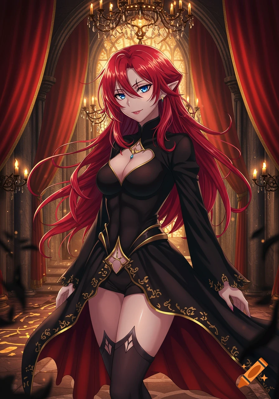 Anime girl with long red hair and blue eyes in a black dress, standing in a candlelit gothic hall.
