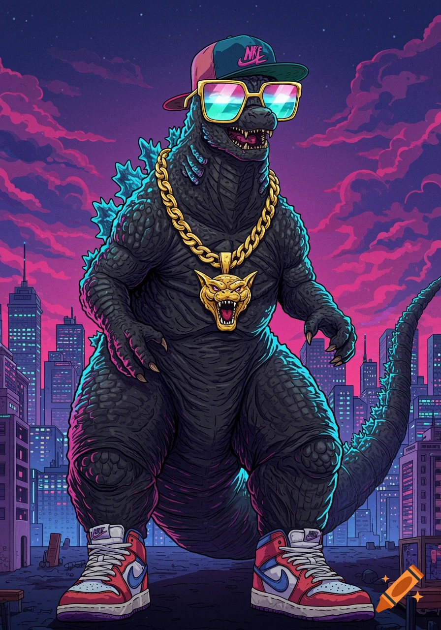 A stylized illustration of Godzilla wearing sunglasses, a gold chain with a lion pendant, a backward baseball cap, and red and white sneakers, standing in a cityscape at dusk.