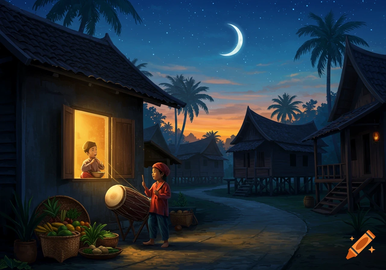Illustration of two children in a traditional village at twilight; one plays a drum outside, another watches from a glowing window under a crescent moon.