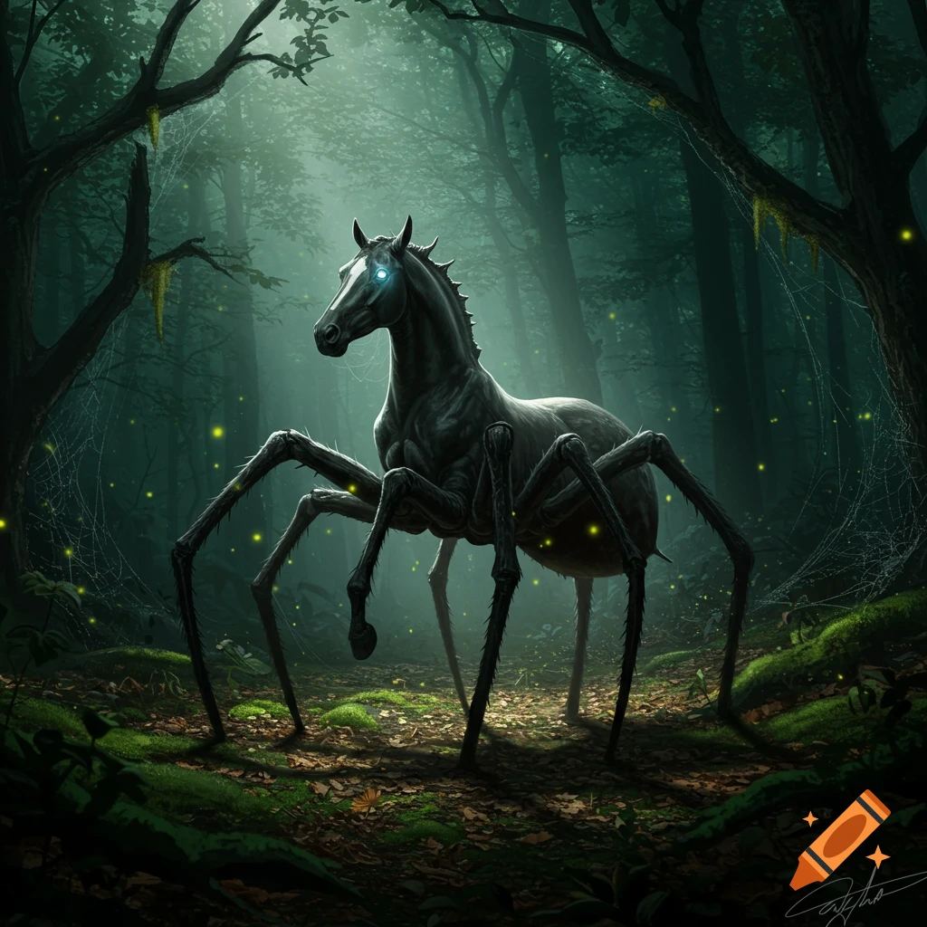 A mystical black spider-horse with glowing blue eyes stands in a dark, misty forest, illuminated by shafts of light and fireflies.