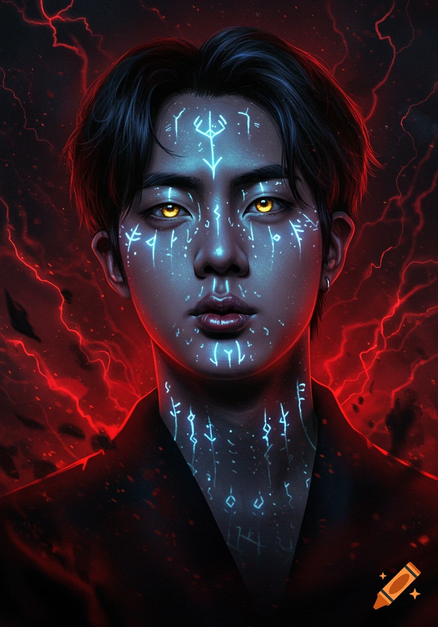 A detailed digital painting of a man with glowing yellow eyes and bright blue runes on his face and neck, set against a dark red stormy background with lightning.