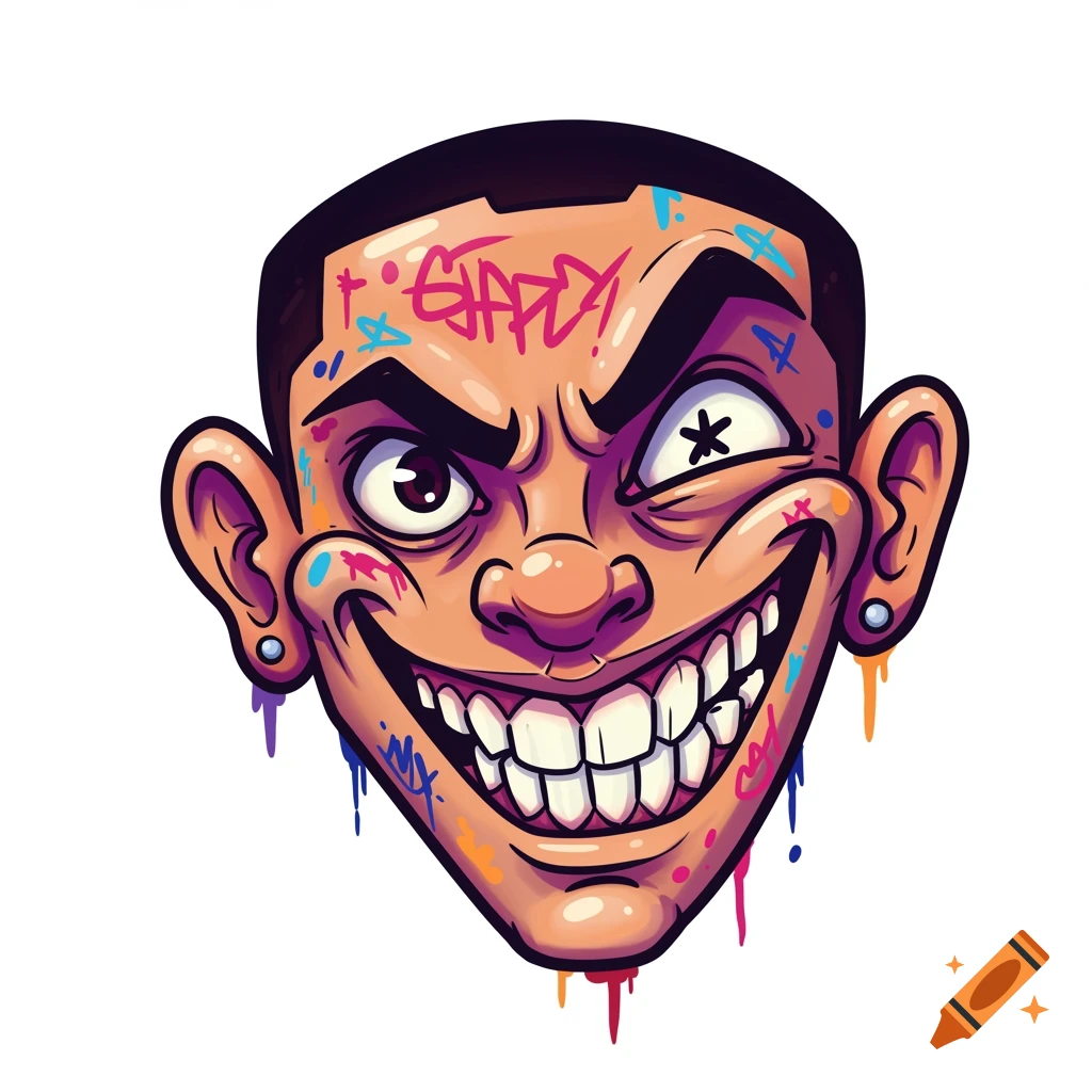 A cartoon character's face with a menacing wide grin, large teeth, and one winking eye, covered in colorful graffiti-style markings.