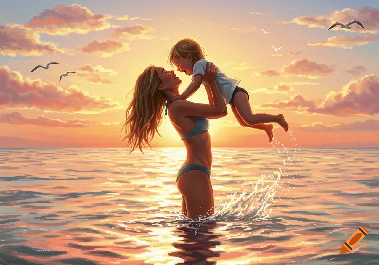 Illustrated mother in swimsuit lifting child in ocean at sunset, water splashing, gulls flying.
