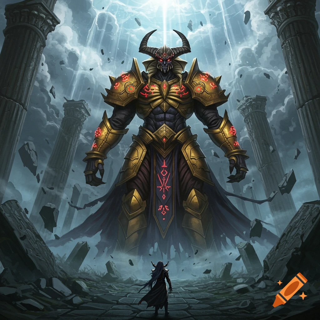 A huge, armored horned demon with glowing red symbols towers over a small cloaked figure in crumbling ruins.