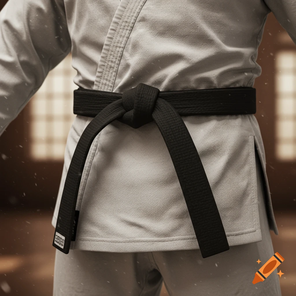 A close-up, photorealistic image of a person's waist, showing a white karate gi with a black belt tied around it. The background is softly blurred.