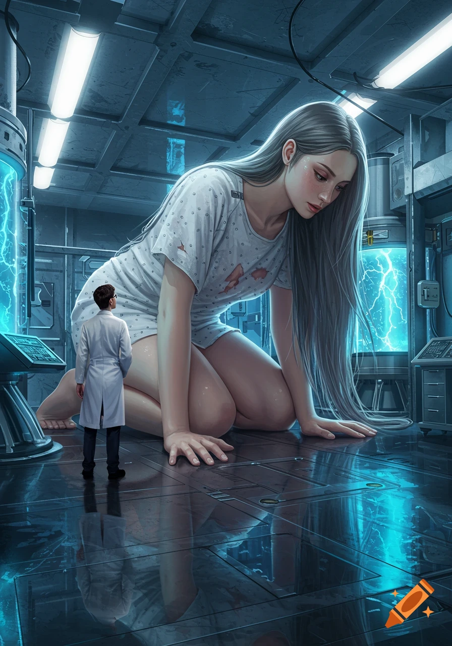 A photorealistic image of an enormous woman in a hospital gown kneeling in a futuristic laboratory, towering over a small male scientist in a lab coat.