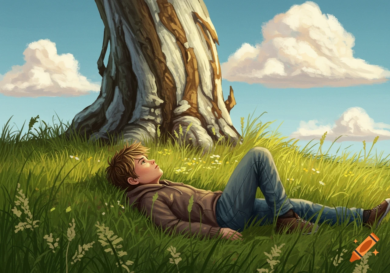 An illustrated image of a boy with messy hair lying in tall green grass, looking up at fluffy clouds in a blue sky. A large tree trunk is behind him.