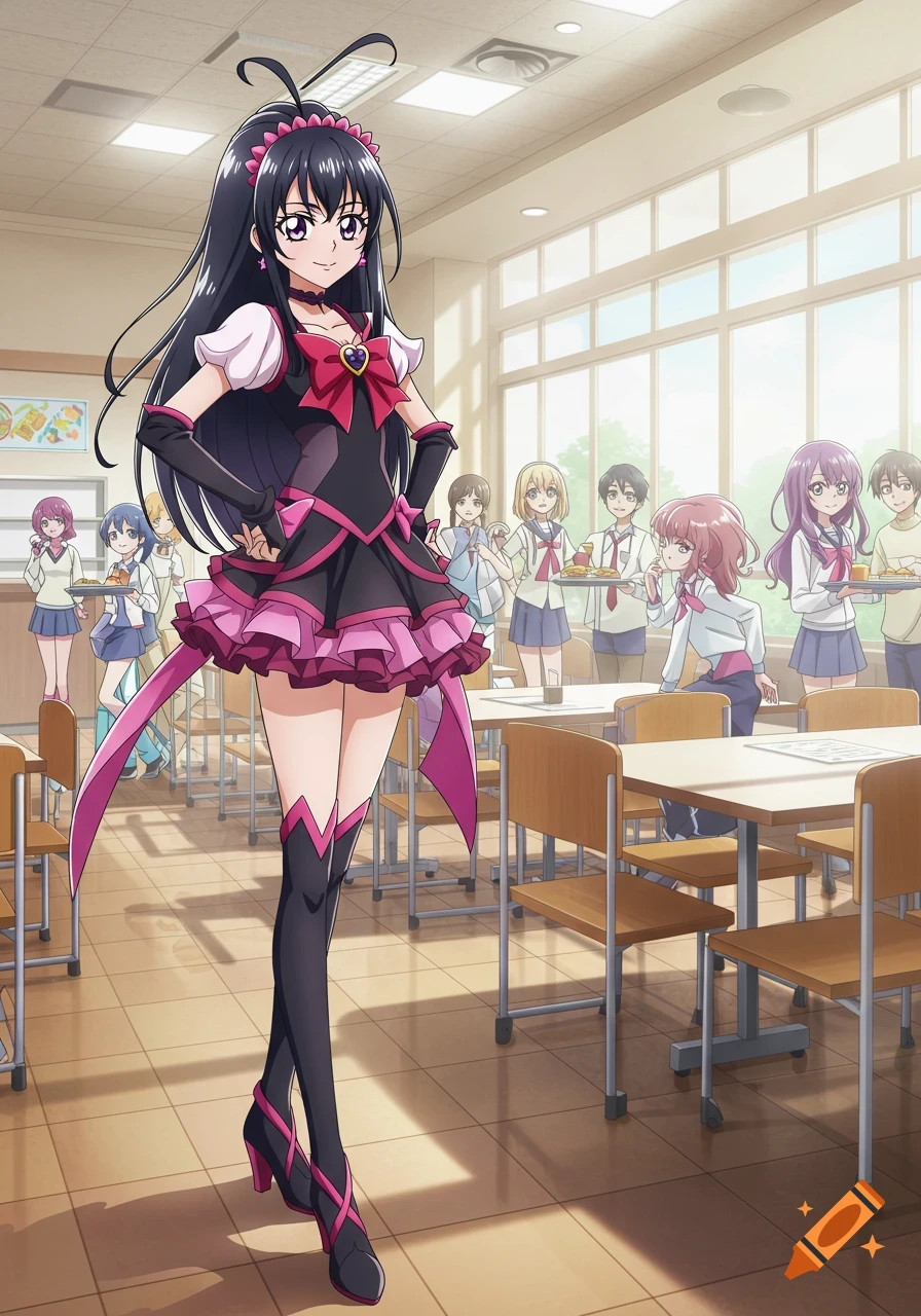 An anime girl in a black and pink magical girl outfit stands in a school cafeteria, with other students in the background.