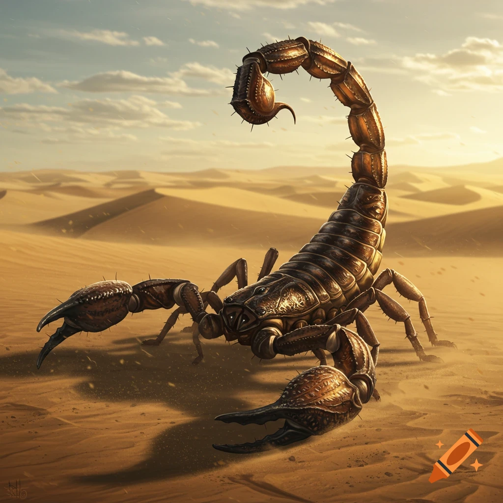 A large, detailed scorpion stands on desert sand dunes under a dramatic sky.