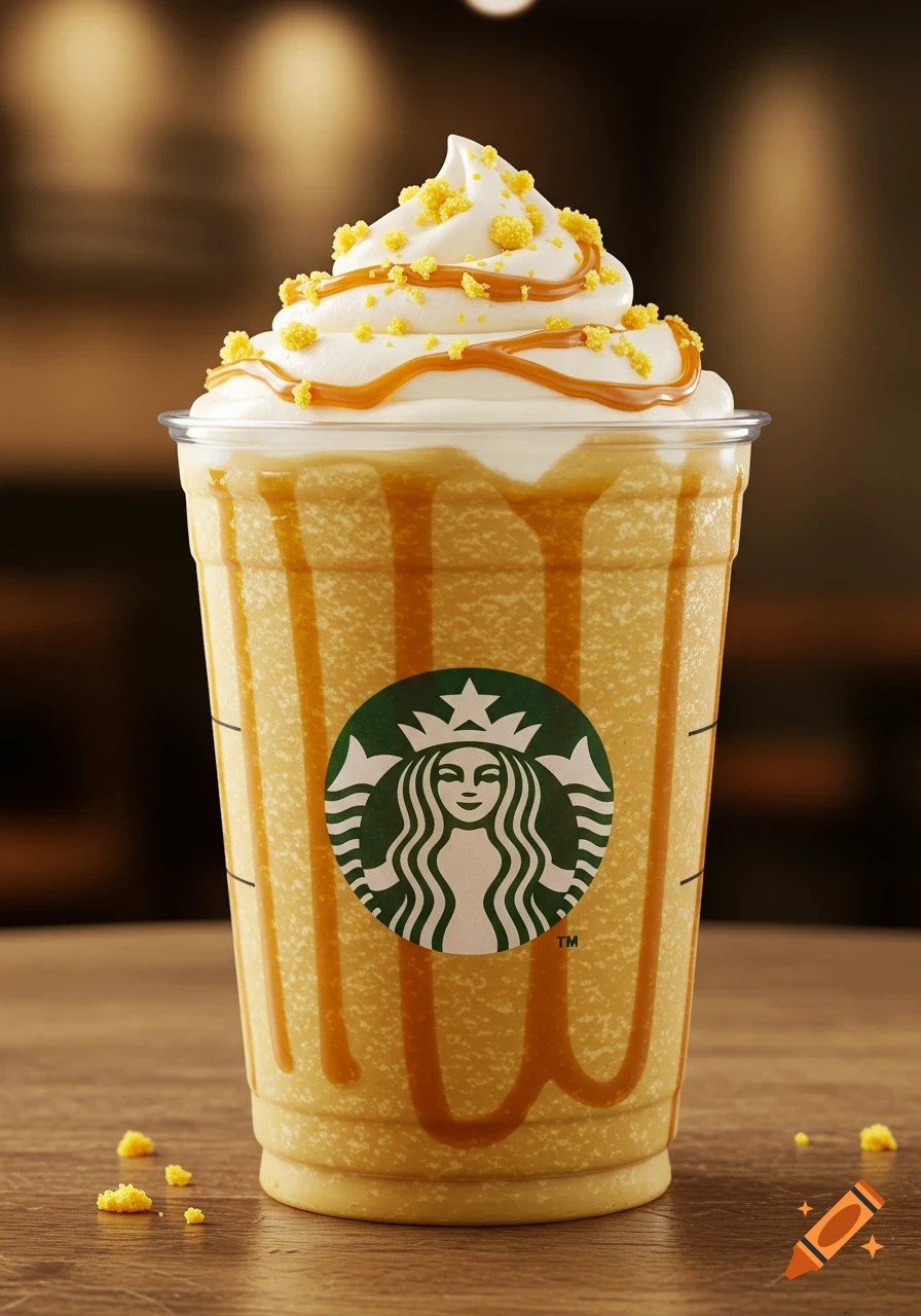 A Starbucks Frappuccino topped with whipped cream, caramel drizzle, and yellow crumbles, on a wooden table.