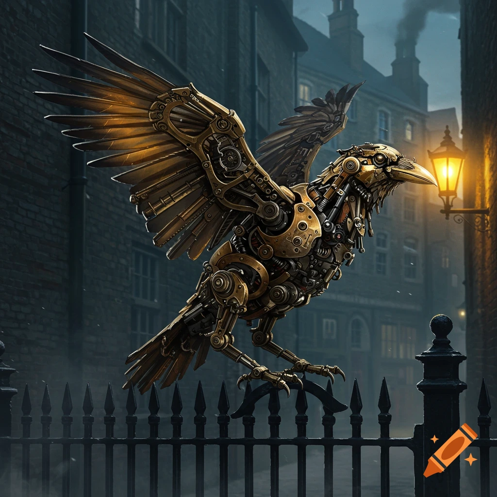 A detailed steampunk clockwork raven made of brass and gears, with wings spread, perches on a metal fence in a dark, lamp-lit alley.