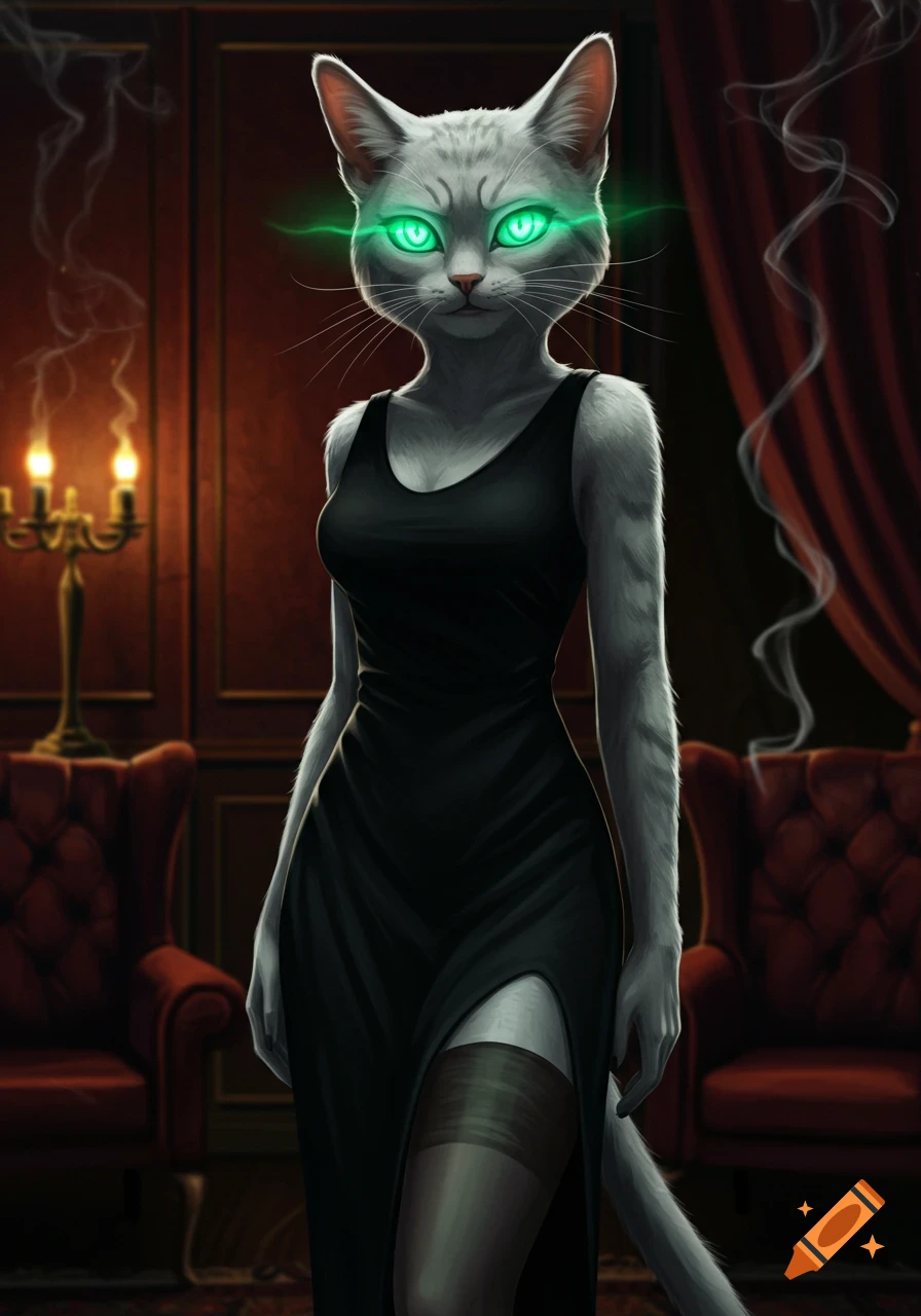 Anthropomorphic gray cat in a black dress and nylons stands in an ornate room, glowing green eyes staring ahead.