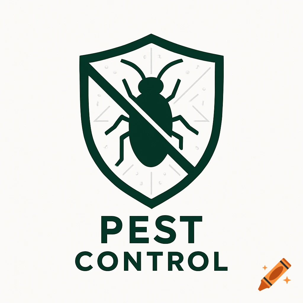 A clean, modern logo for pest control, featuring a dark green bug inside a shield with a diagonal line, and the words "PEST CONTROL" below.