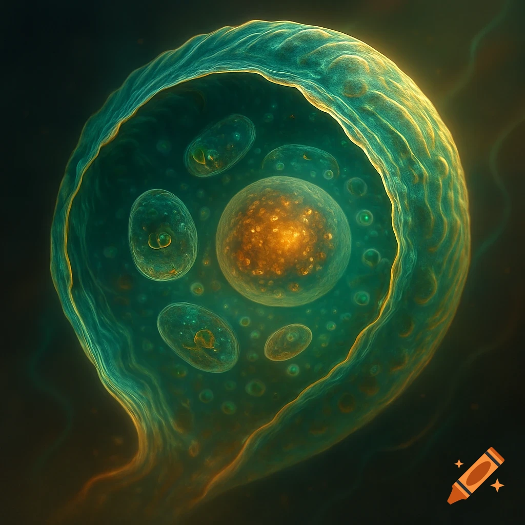 A vibrant microscopic view of a cell, glowing with teal and orange light, containing smaller circular and oval structures.