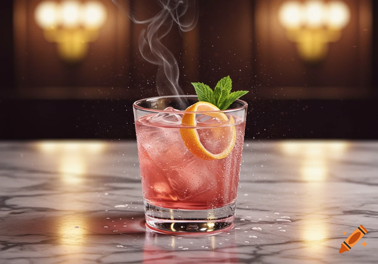 A photorealistic pink cocktail with ice, a lemon peel, and mint leaves on a marble bar, with steam rising.