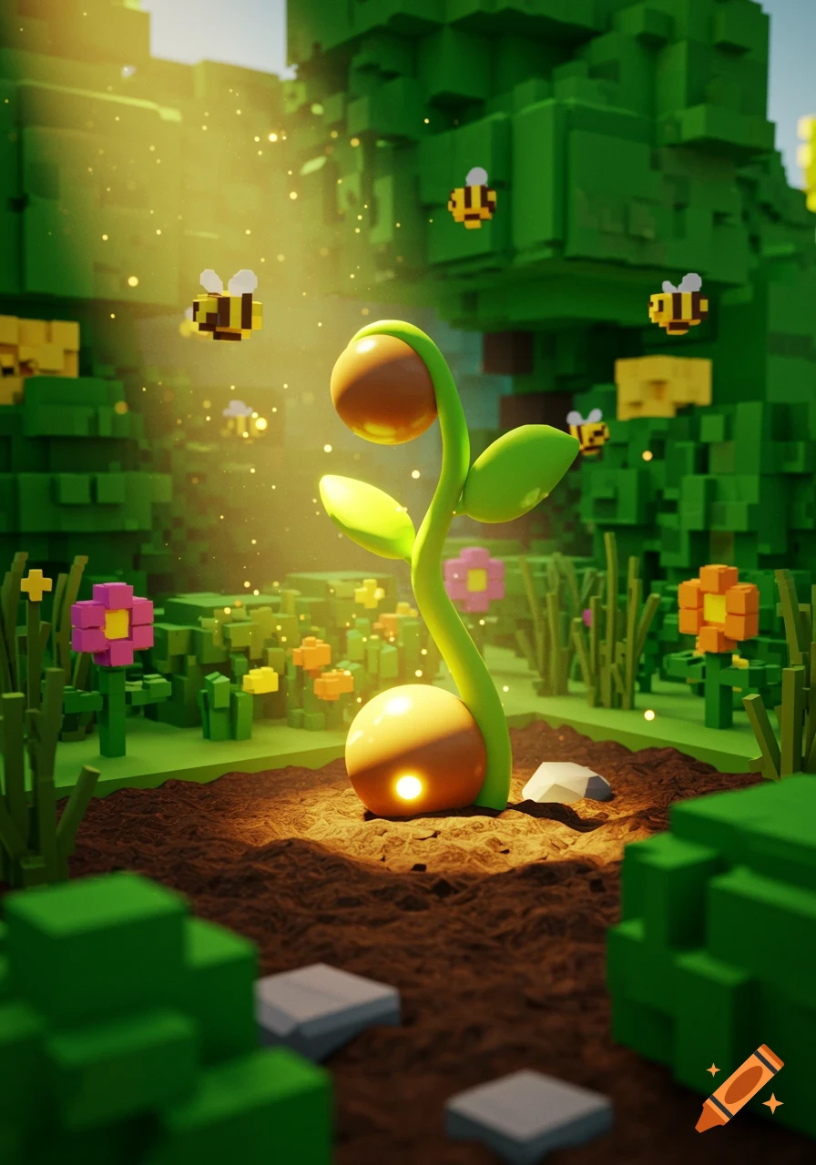 A glowing beanstalk seed sprouts in a vibrant voxel art garden with blocky flowers, flying pixel bees, and sunrays.