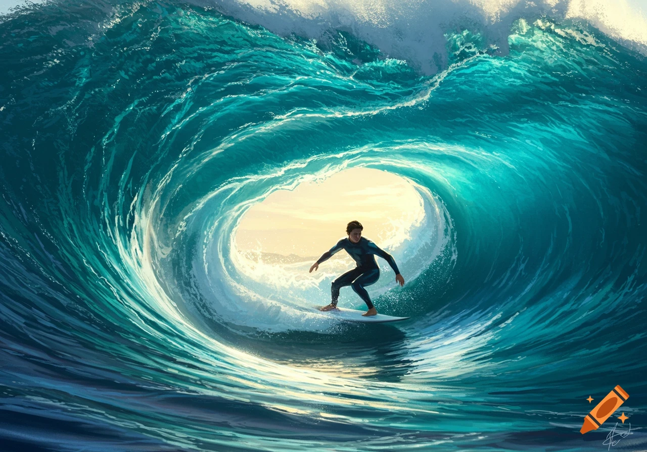 A man in a wetsuit surfs inside a large, powerful teal ocean wave with a bright, sunny sky visible through the tube, in an illustrative style.