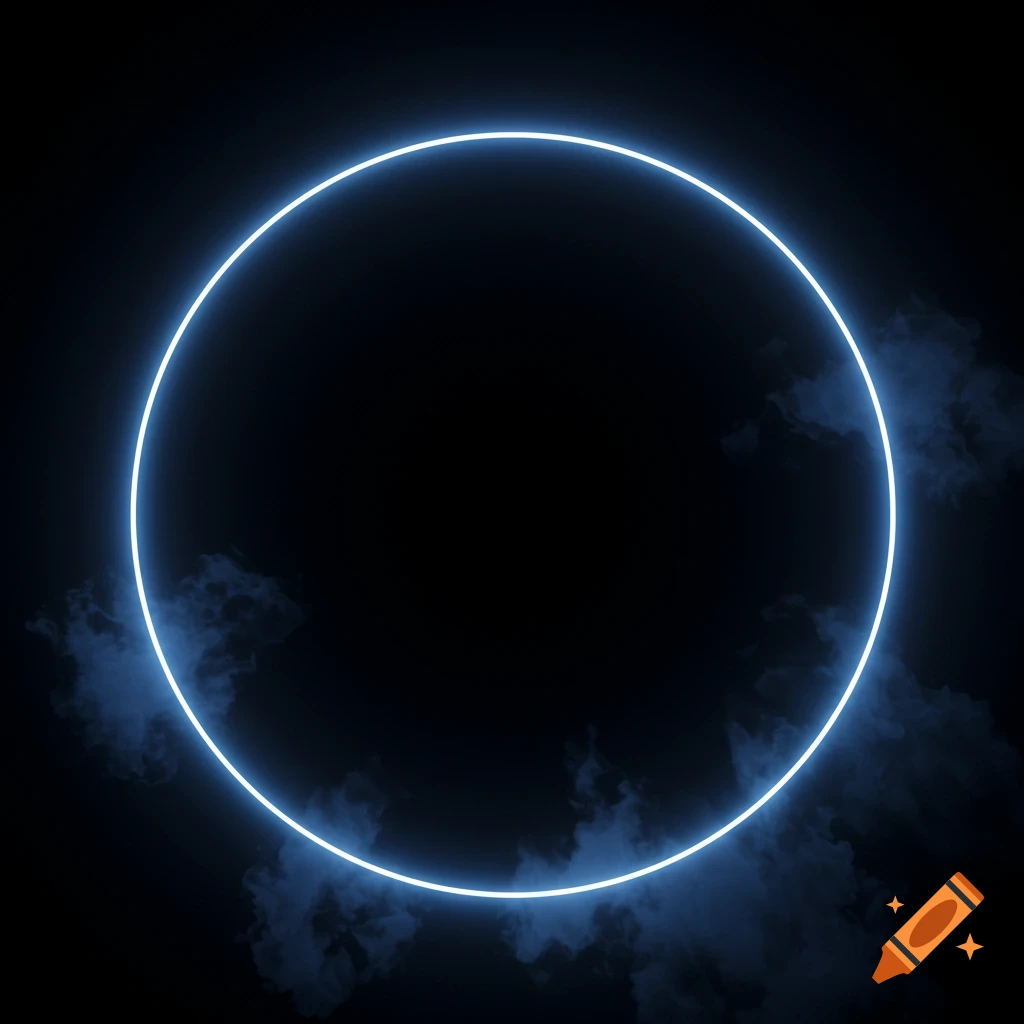 A vibrant glowing blue neon circle with faint smoke against a black background.