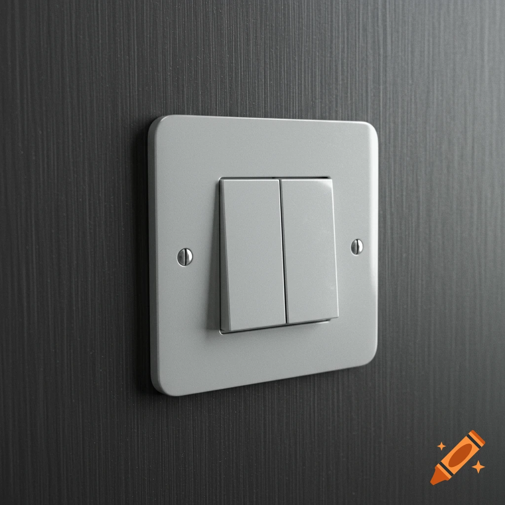 Close-up photorealistic shot of a light gray double light switch mounted on a dark gray wall with a vertical textured pattern.