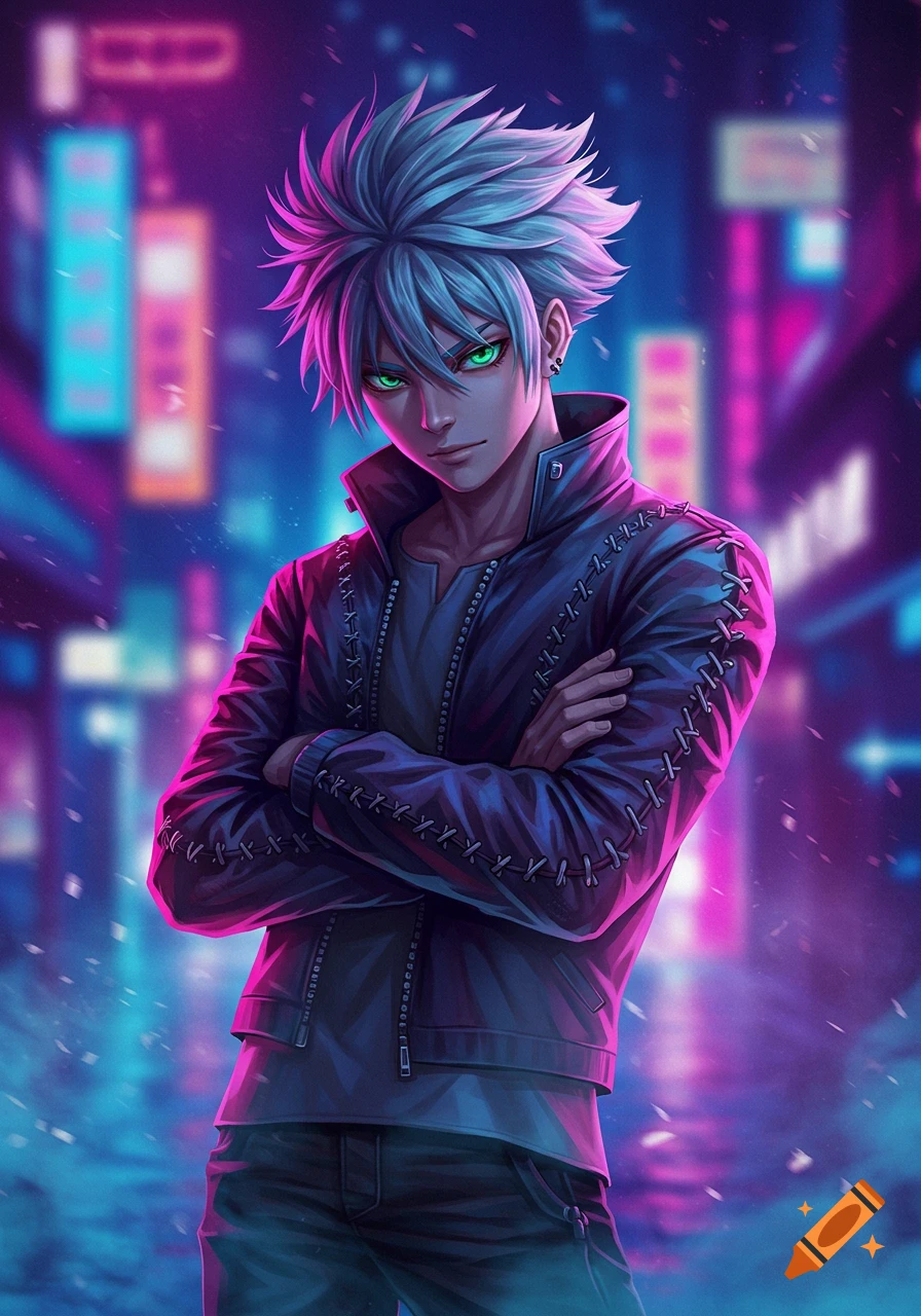 Anime boy with spiky silver hair and green eyes, wearing a dark jacket, arms crossed in a vibrant neon city.