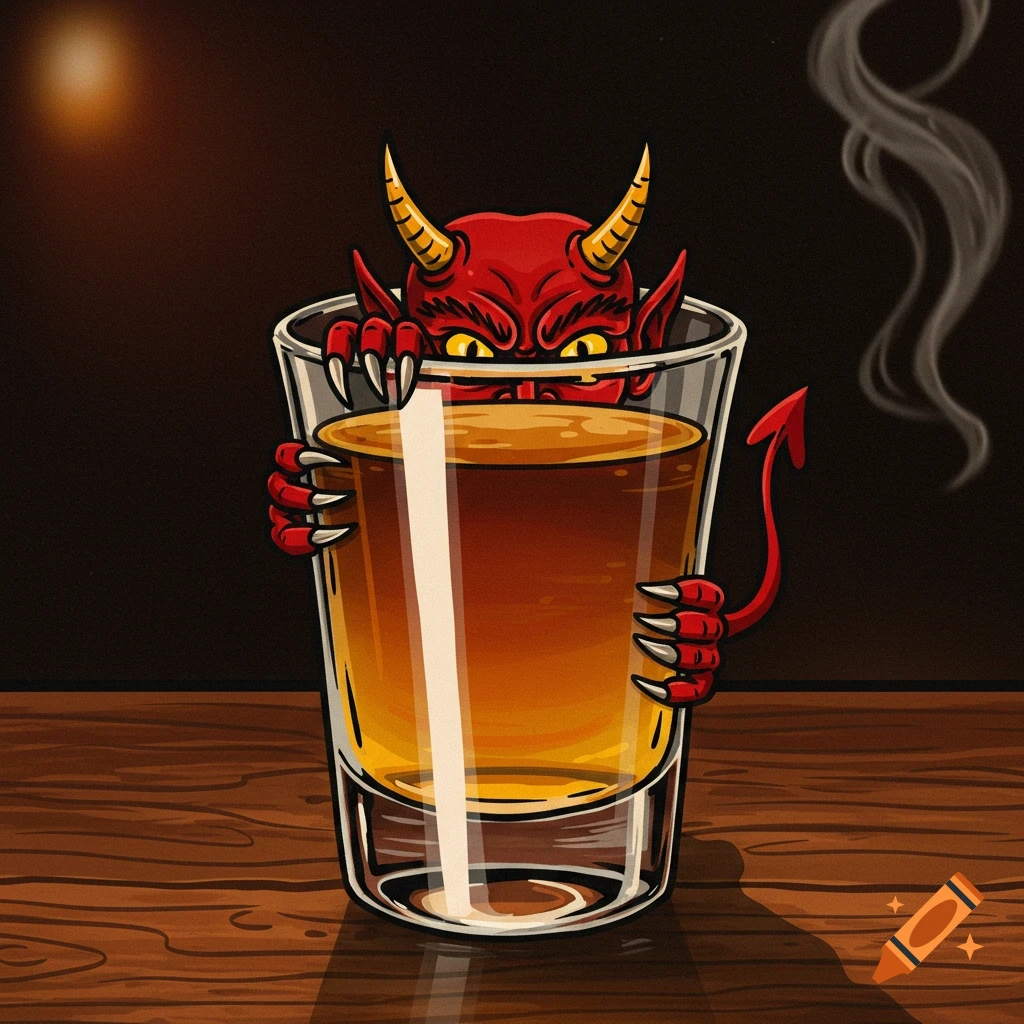 A red devil with yellow eyes and horns peeks over a shot glass filled with amber liquid on a dark wooden bar, in American traditional style.