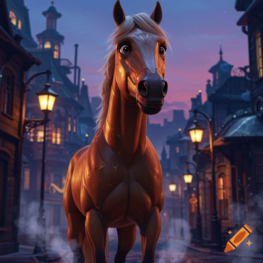 A stylized, curious horse stands in a dark, atmospheric city street at dusk, inspired by the Arcane animated series.