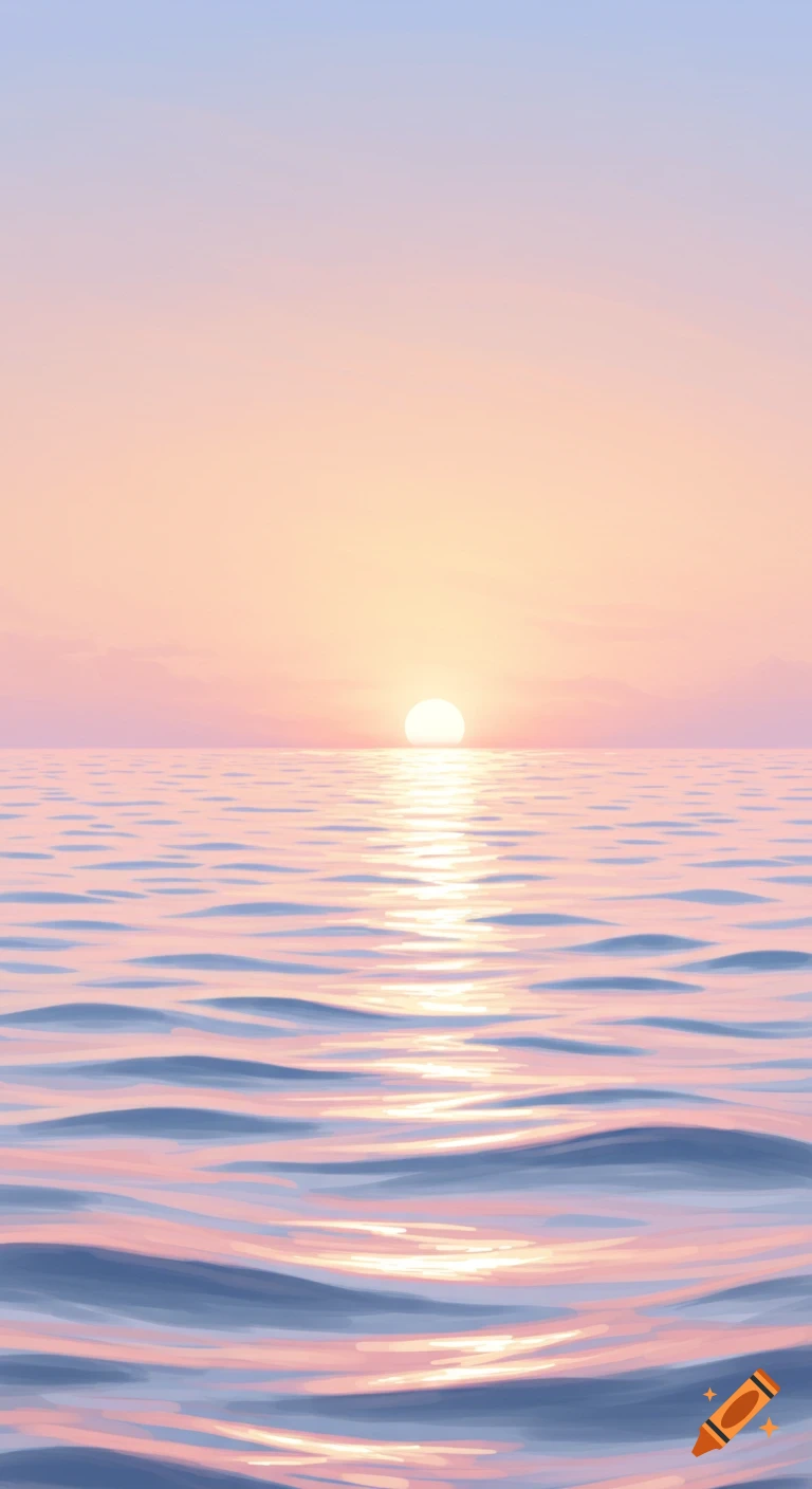 Minimalist pastel ocean at sunset with gentle waves and a bright sun reflecting on the water.