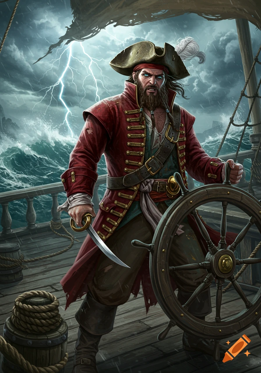 A fierce pirate captain with a beard and red coat stands on his ship's deck during a stormy sea with lightning.
