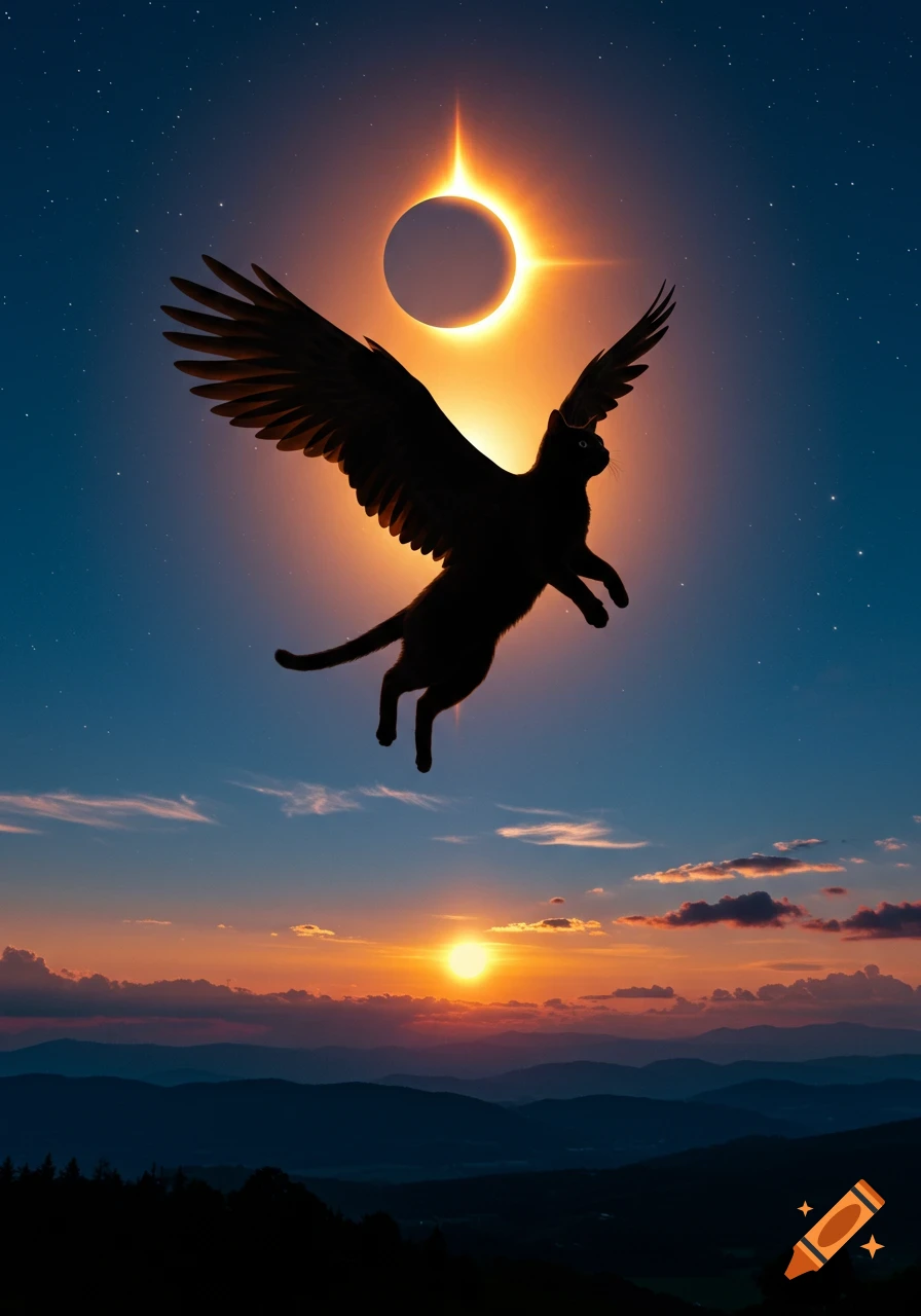 A majestic black winged cat silhouetted against a twilight sky with a solar eclipse above and a sunset over mountains below.