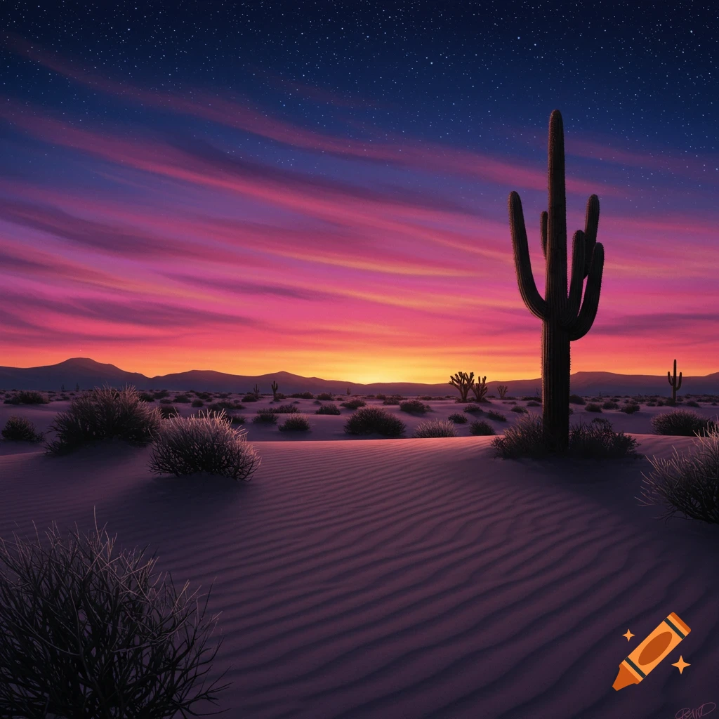 A vibrant desert sunset with a large saguaro cactus in the foreground and smaller cacti in the distance under a pink, purple, and orange sky with visible stars.