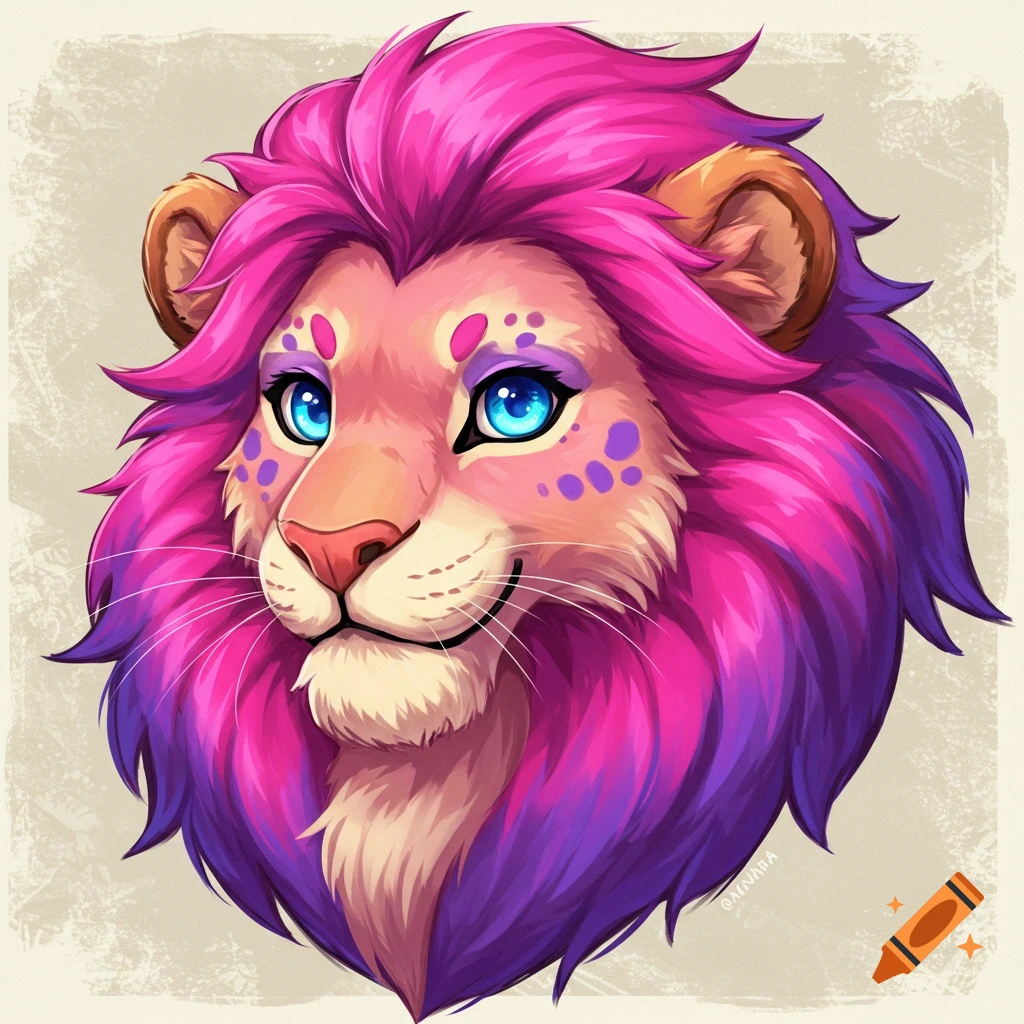 Stylized headshot drawing of a lion with a vibrant pink and purple mane, cream fur, and striking blue eyes.