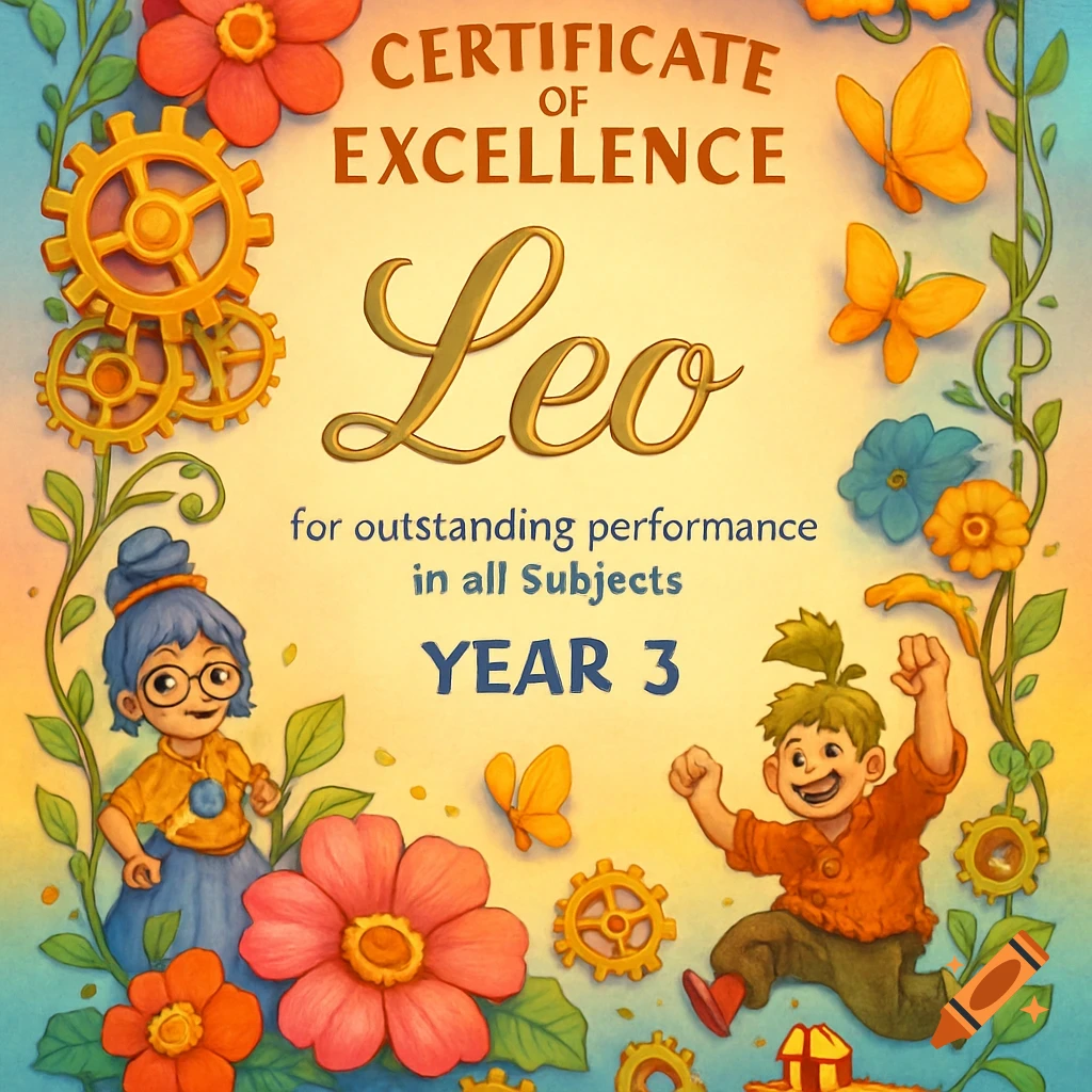 Colorful certificate of excellence for Leo, featuring two whimsical cartoon children, gears, and flowers.