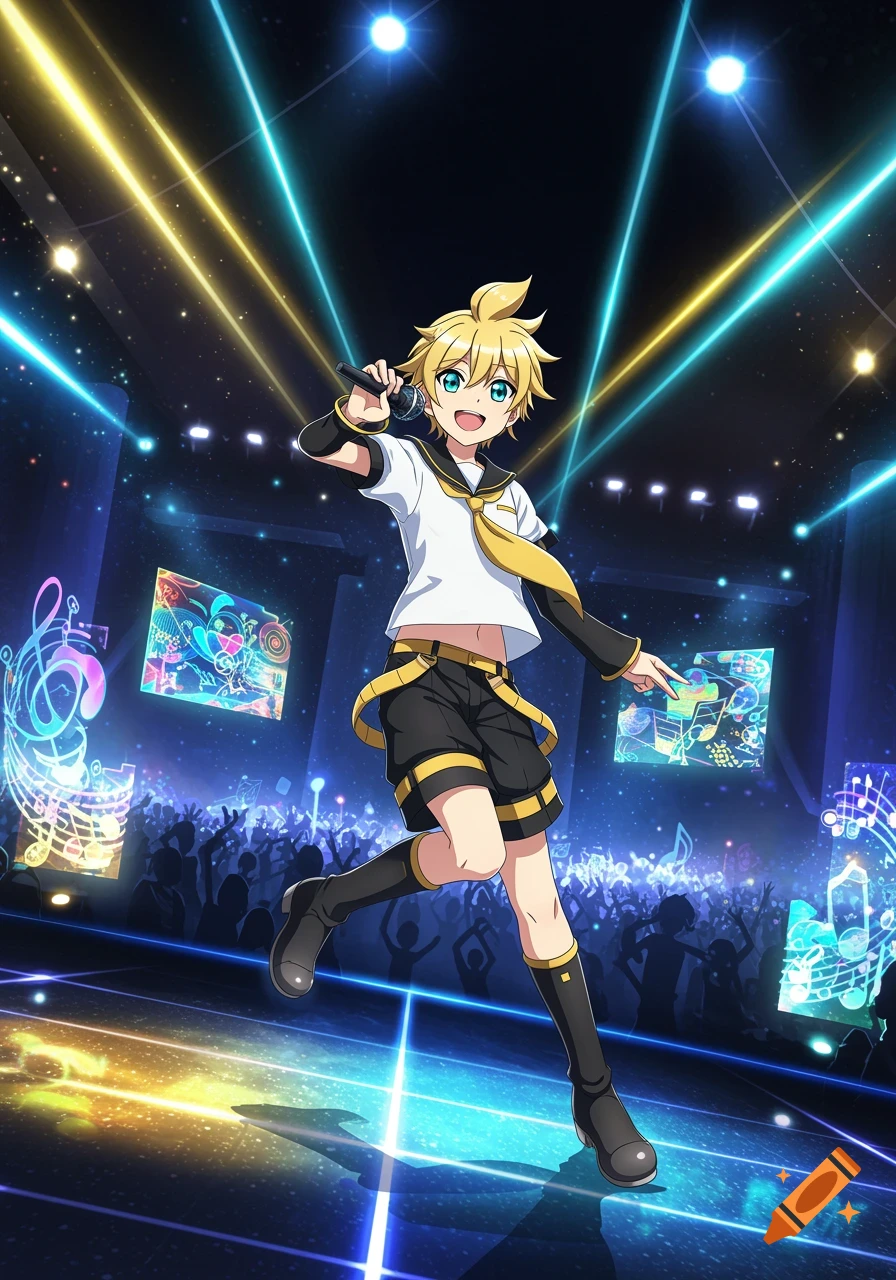 A blond-haired anime boy in a sailor-style outfit sings on a vibrant concert stage with bright lights and an excited audience.