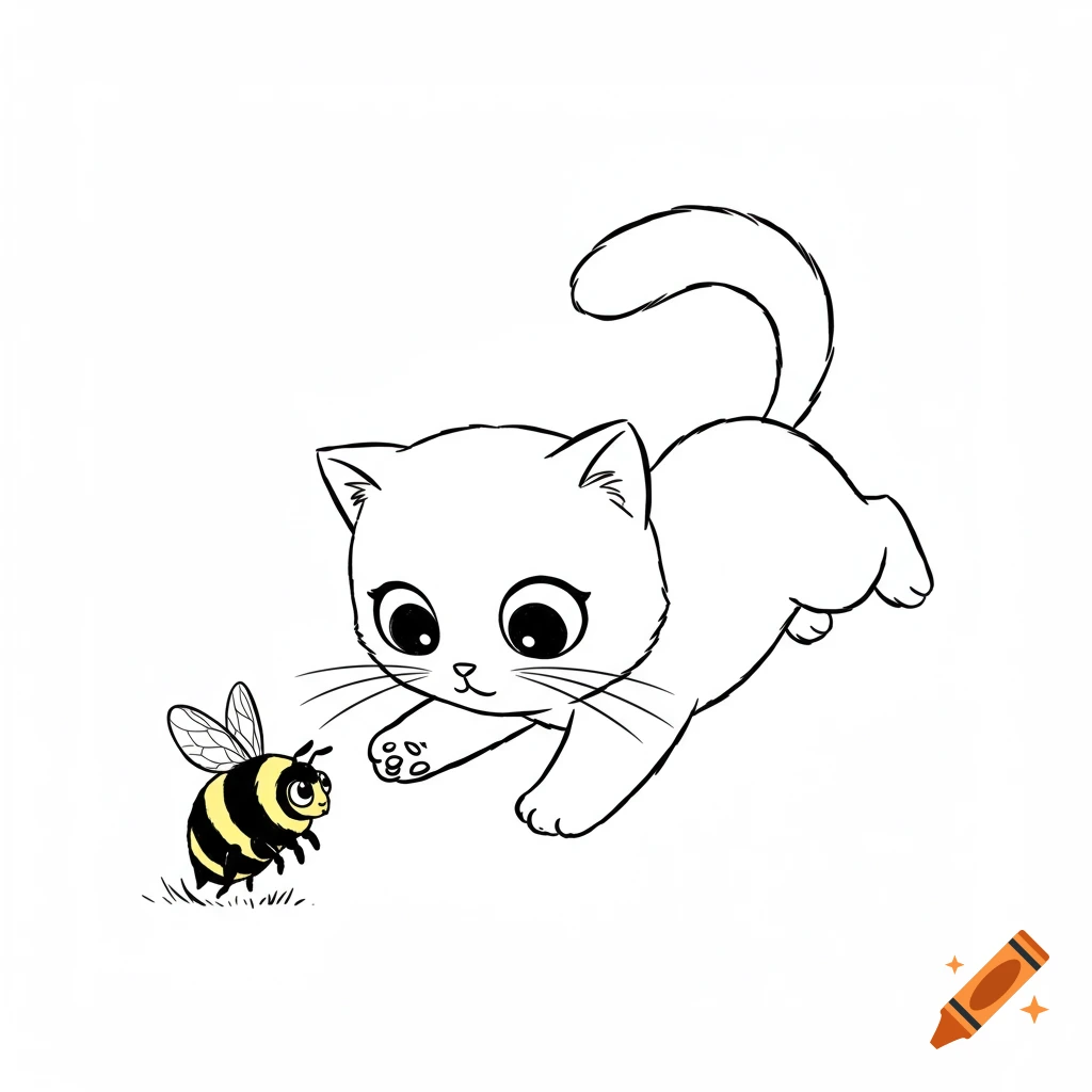 A cute cartoon line drawing of a white kitten staring at a small yellow and black bee on the ground.
