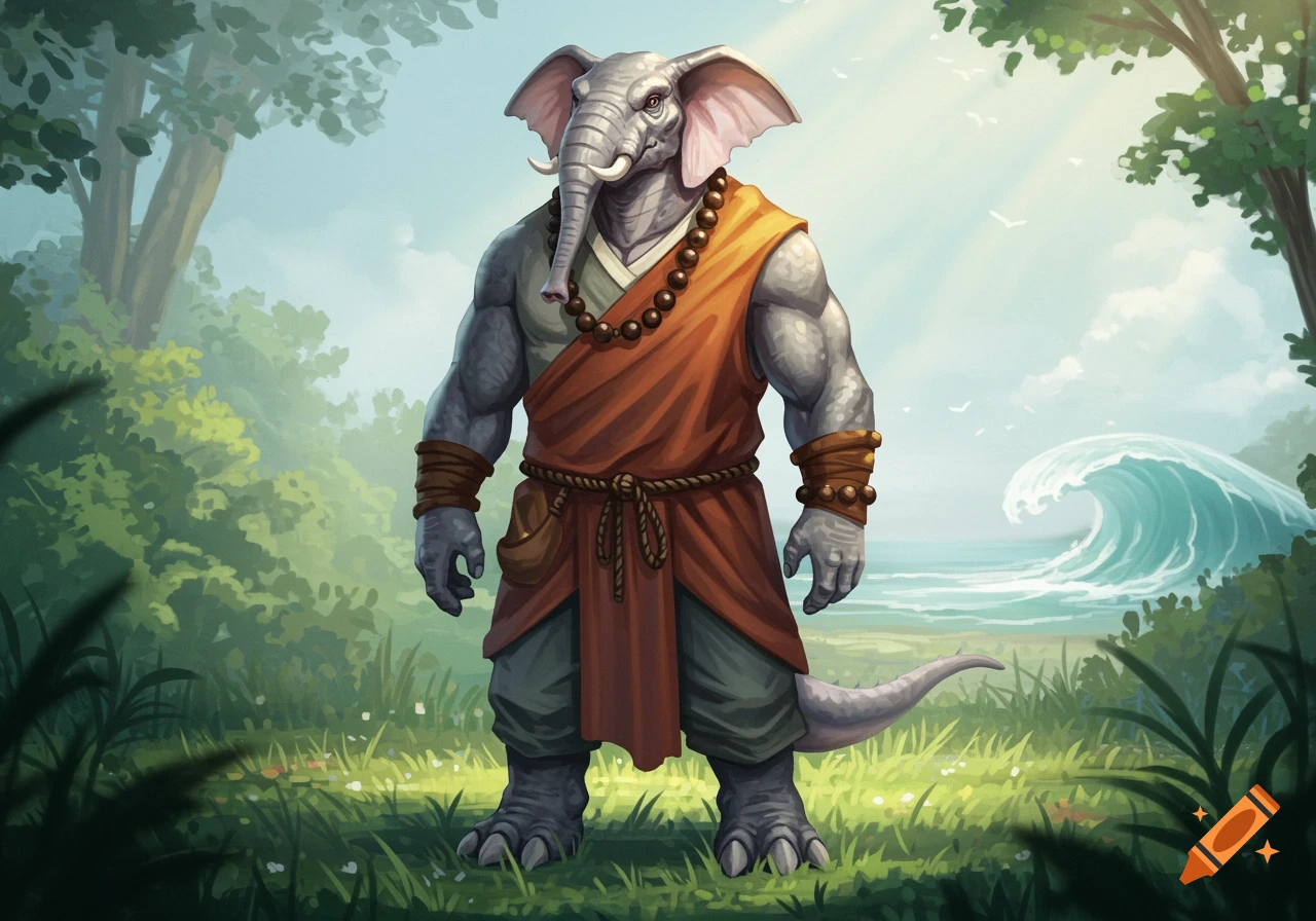A muscular loxodon monk in orange robes and prayer beads stands in a green landscape with a large ocean wave.