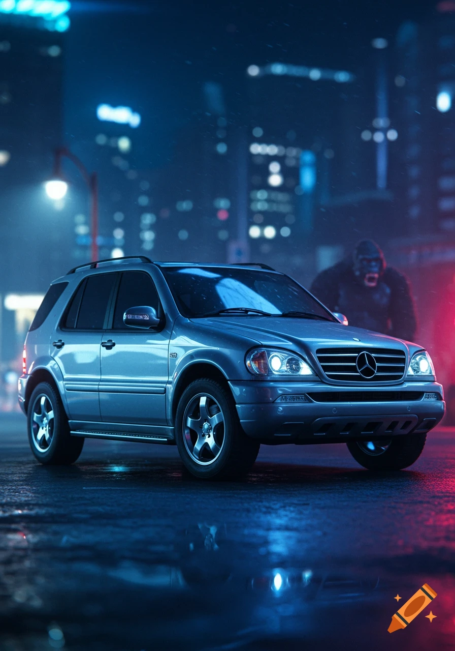 A silver Mercedes-Benz ML SUV on a wet city street at night under neon lights, with a large gorilla visible in the background.