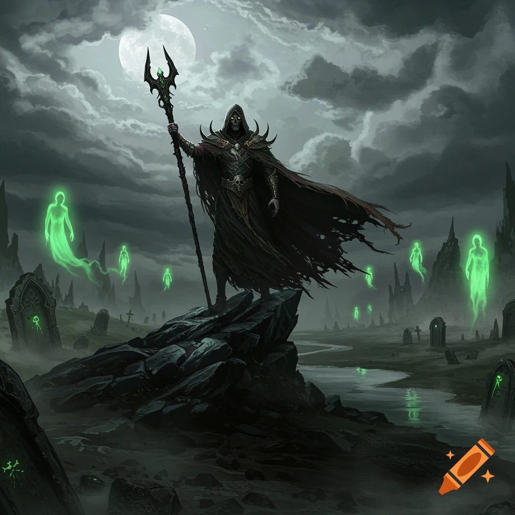 A dark necromancer in a flowing cloak stands atop a rocky outcrop in a moonlit graveyard, surrounded by glowing green ghosts.