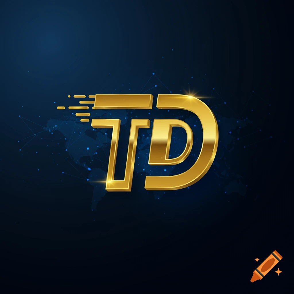 Golden 3D logo featuring intertwined letters T and D, with a glossy finish on a dark blue tech-themed background.