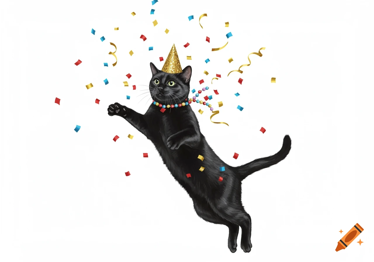 A black cat leaps with a gold party hat and a colorful beaded necklace, surrounded by falling confetti on a white background.