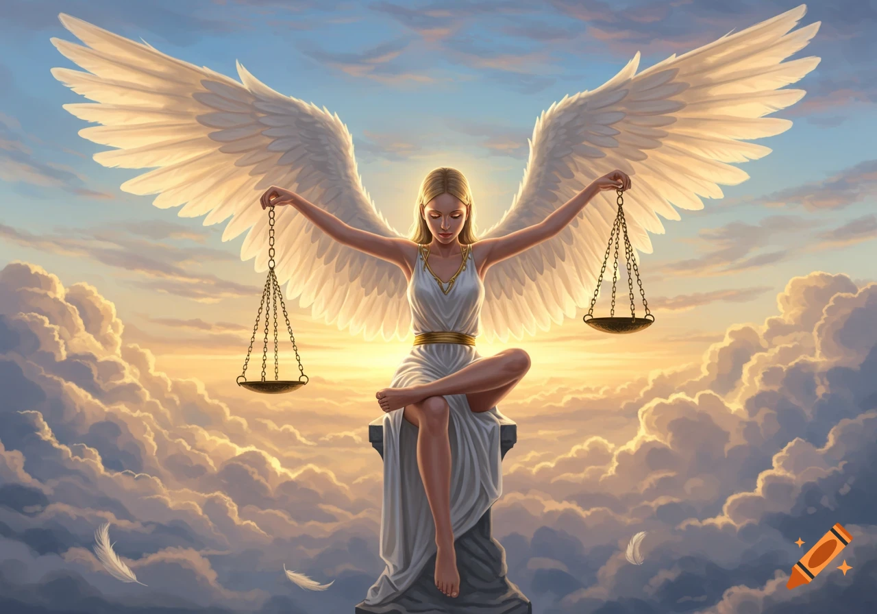 An angelic woman with large white wings sits on a pillar, holding balance scales against a golden sunset sky.