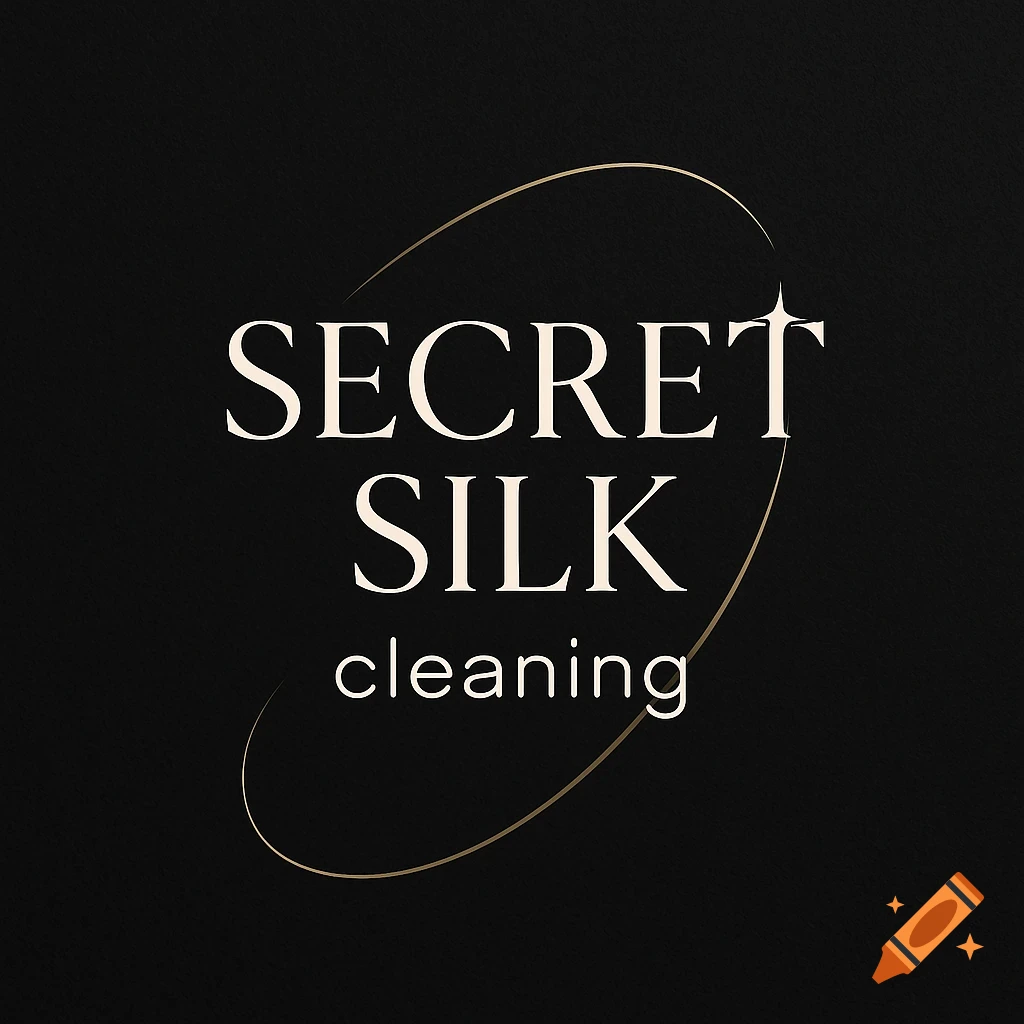 A minimalist logo with 'SECRET SILK cleaning' in ivory text on a black background, framed by a gold curved line.